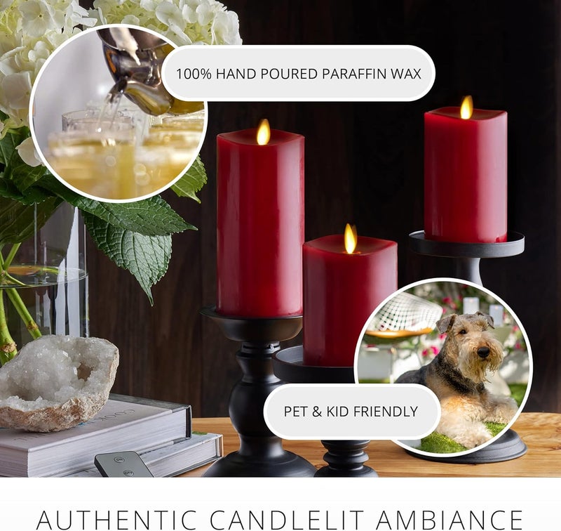 LUMINARA Flameless Flickering Melted Edge Set of 3 Candles, Battery Operated & Timer Function, Remote Included, Unscented Paraffin Burgundy Wax LED Light Pillar, Christmas Holiday Décor - Image 5